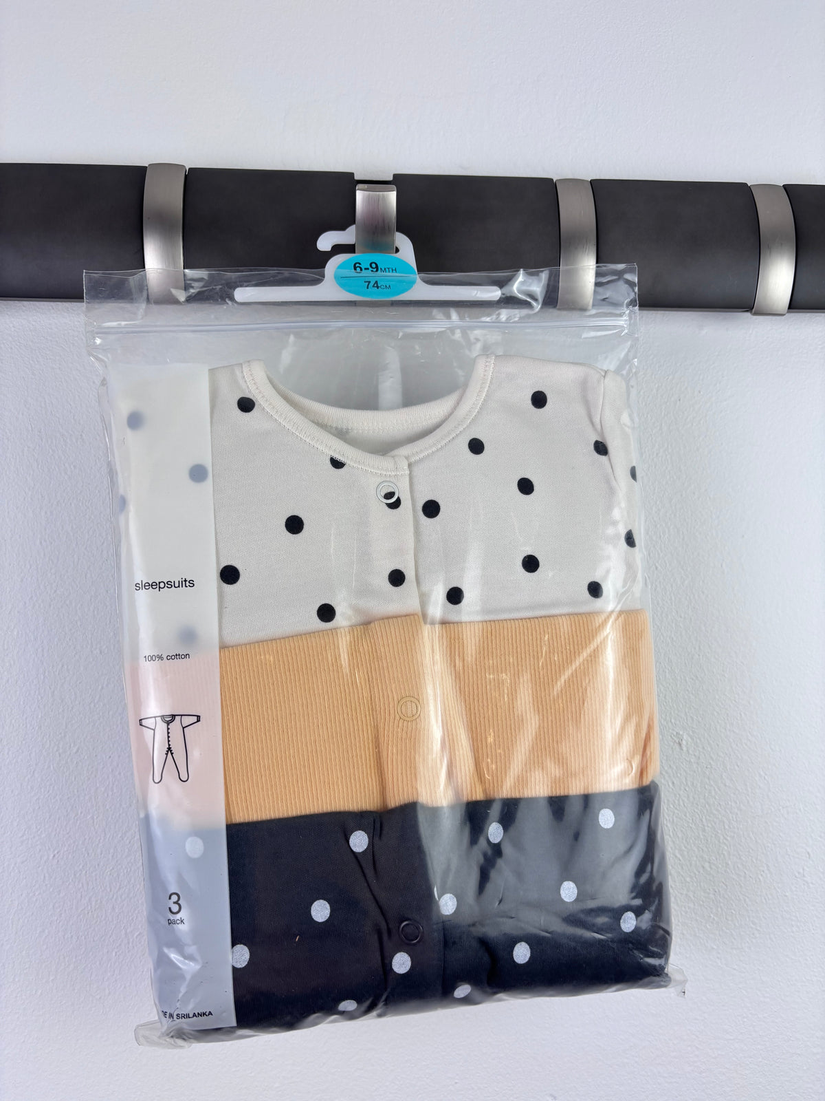 Ex High Street Cream Peach Polka Dot Sleepsuit 3 Pack 6-9 Months-Sleepsuits-Second Snuggle Preloved