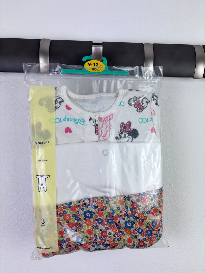 Ex High Street Minnie Floral Sleepsuit 3 Pack 9-12 Months-Sleepsuits-Second Snuggle Preloved