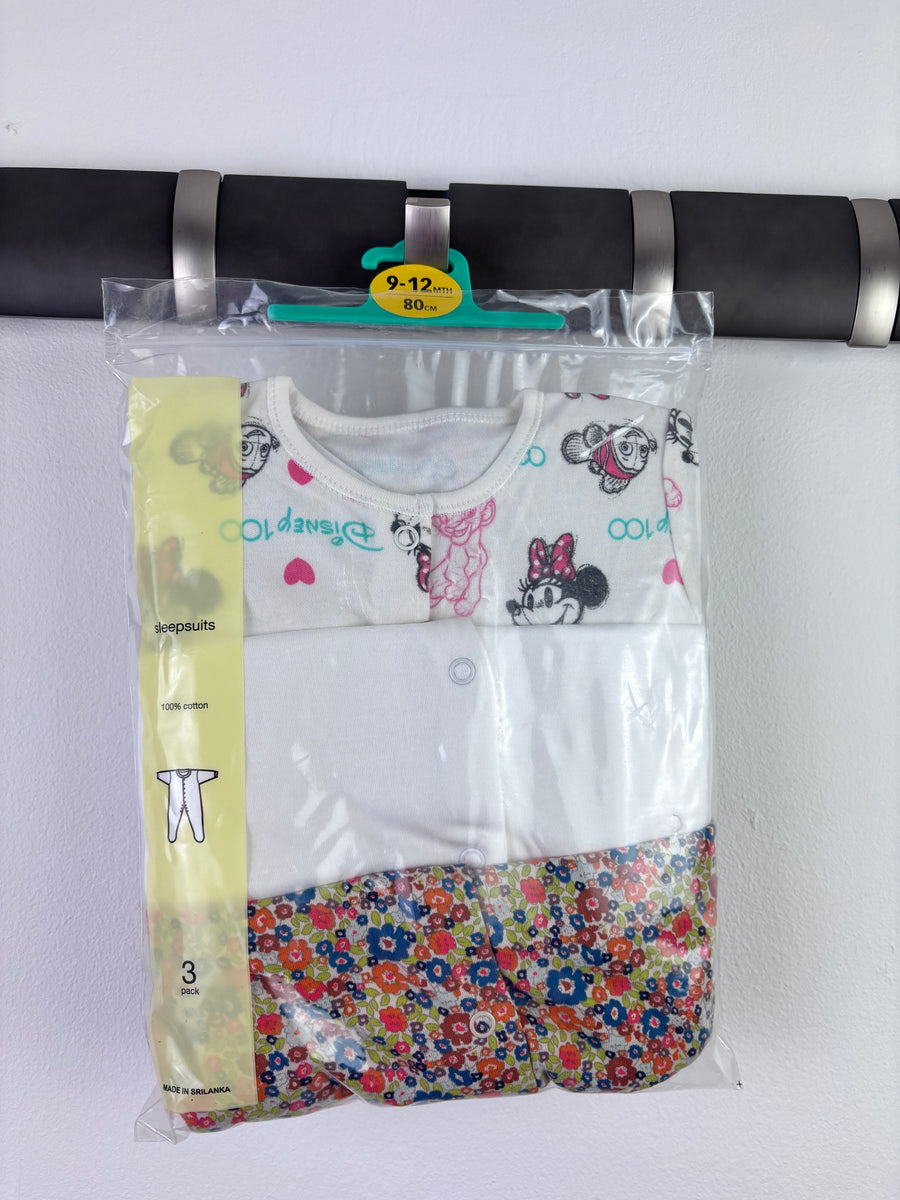 Ex High Street Minnie Floral Sleepsuit 3 Pack 9-12 Months-Sleepsuits-Second Snuggle Preloved