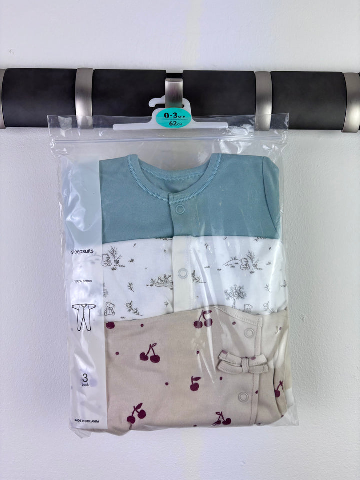Ex High Street Blue Woodland Cherry Sleepsuit 3 Pack 0-3 Months-Sleepsuits-Second Snuggle Preloved