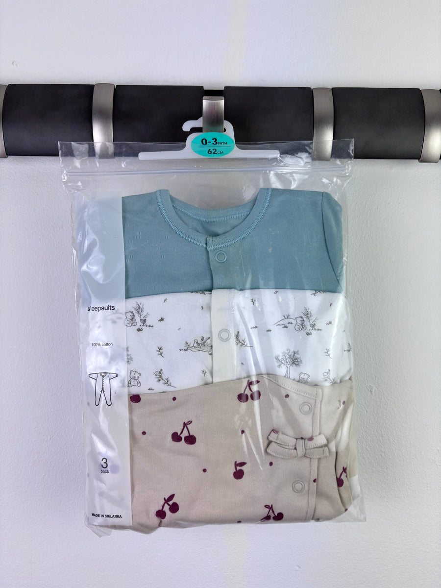 Ex High Street Blue Woodland Cherry Sleepsuit 3 Pack 0-3 Months-Sleepsuits-Second Snuggle Preloved
