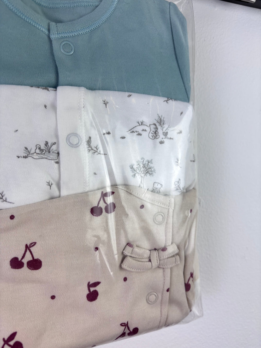 Ex High Street Blue Woodland Cherry Sleepsuit 3 Pack 0-3 Months-Sleepsuits-Second Snuggle Preloved