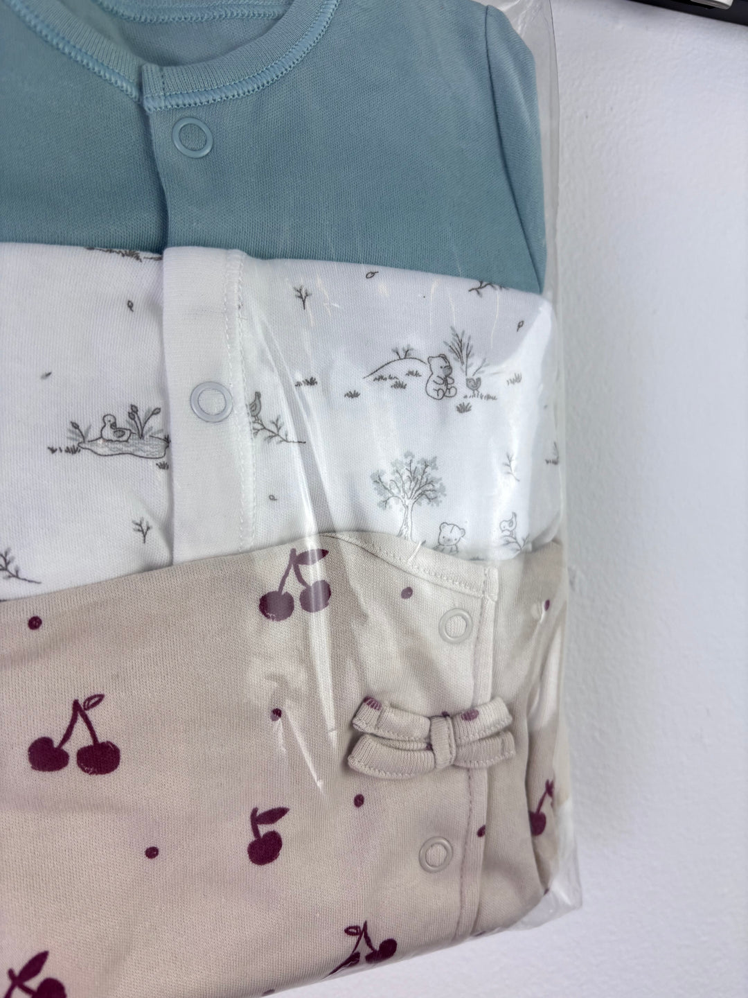 Ex High Street Blue Woodland Cherry Sleepsuit 3 Pack 0-3 Months-Sleepsuits-Second Snuggle Preloved