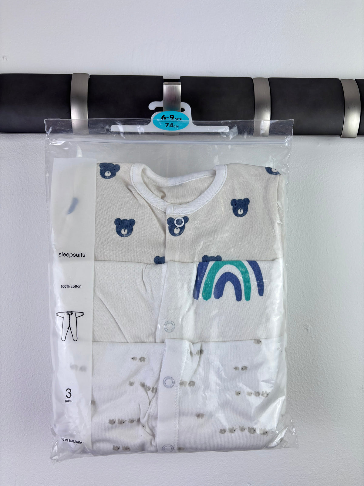 Ex High Street Blue Bear Rainbow Sleepsuit 3 Pack 6-9 Months-Sleepsuits-Second Snuggle Preloved