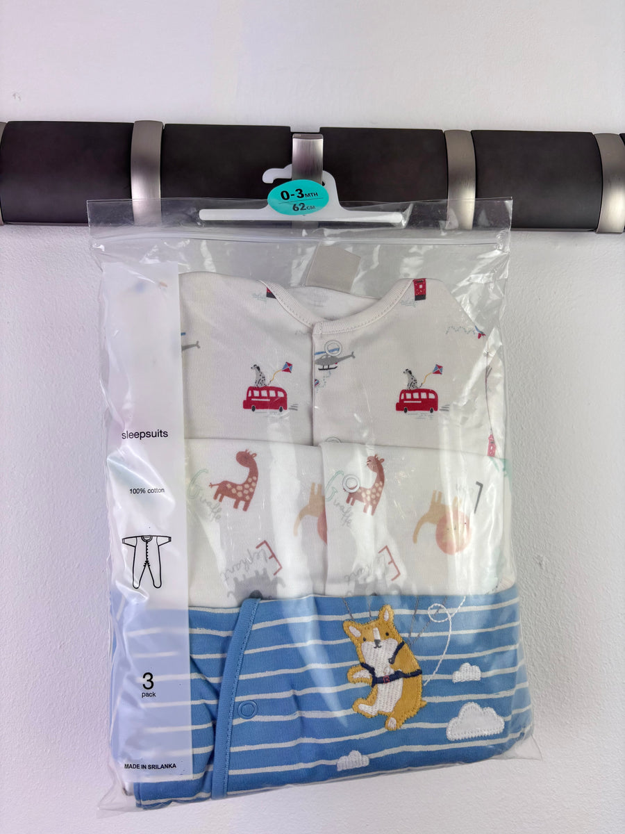 Ex High Street Bus Giraffe Dog Sleepsuit 3 Pack 0-3 Months-Sleepsuits-Second Snuggle Preloved
