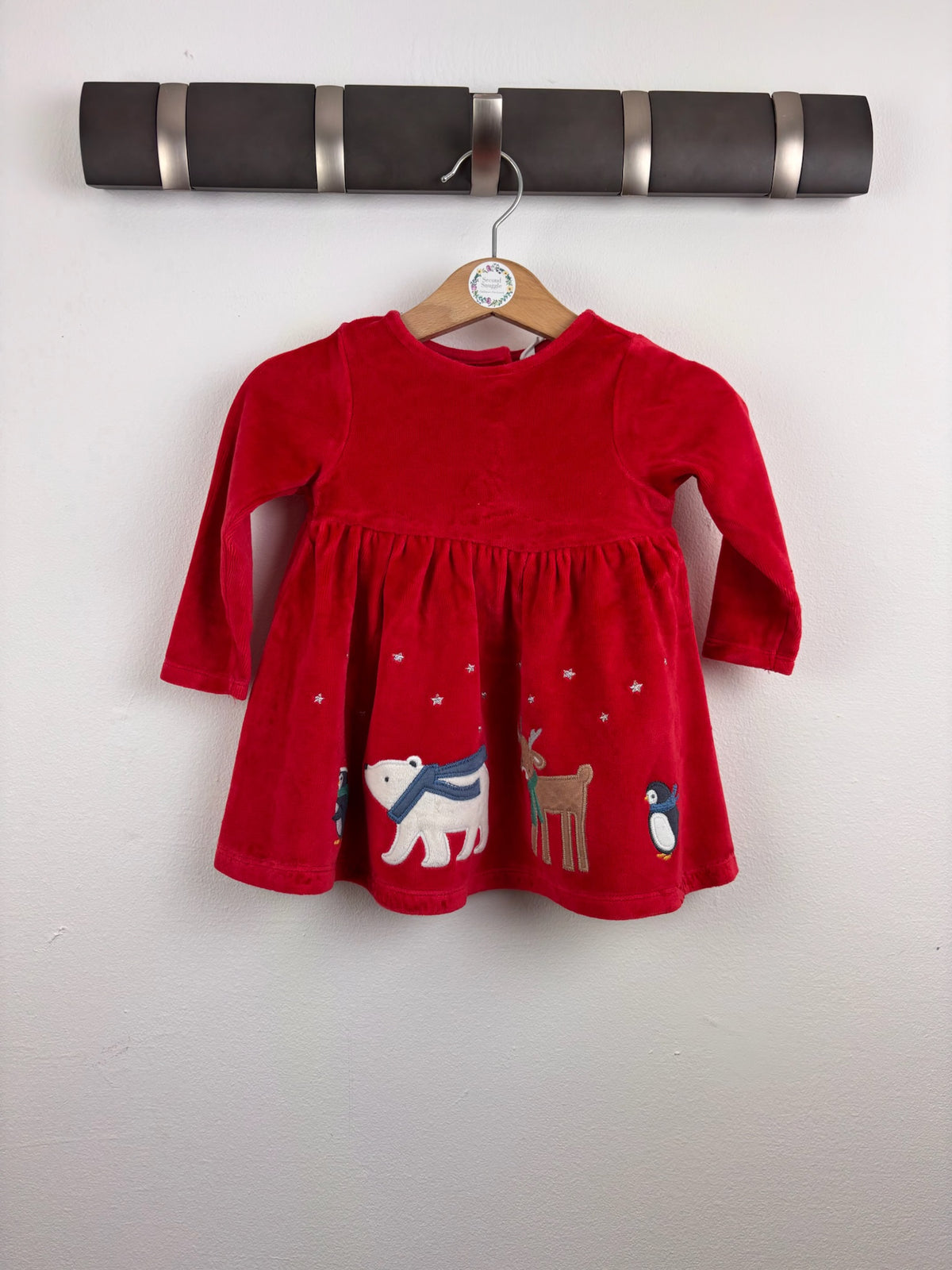 John Lewis Red Velvet Winter Animal Dress 3-6 Months-Dresses-Second Snuggle Preloved