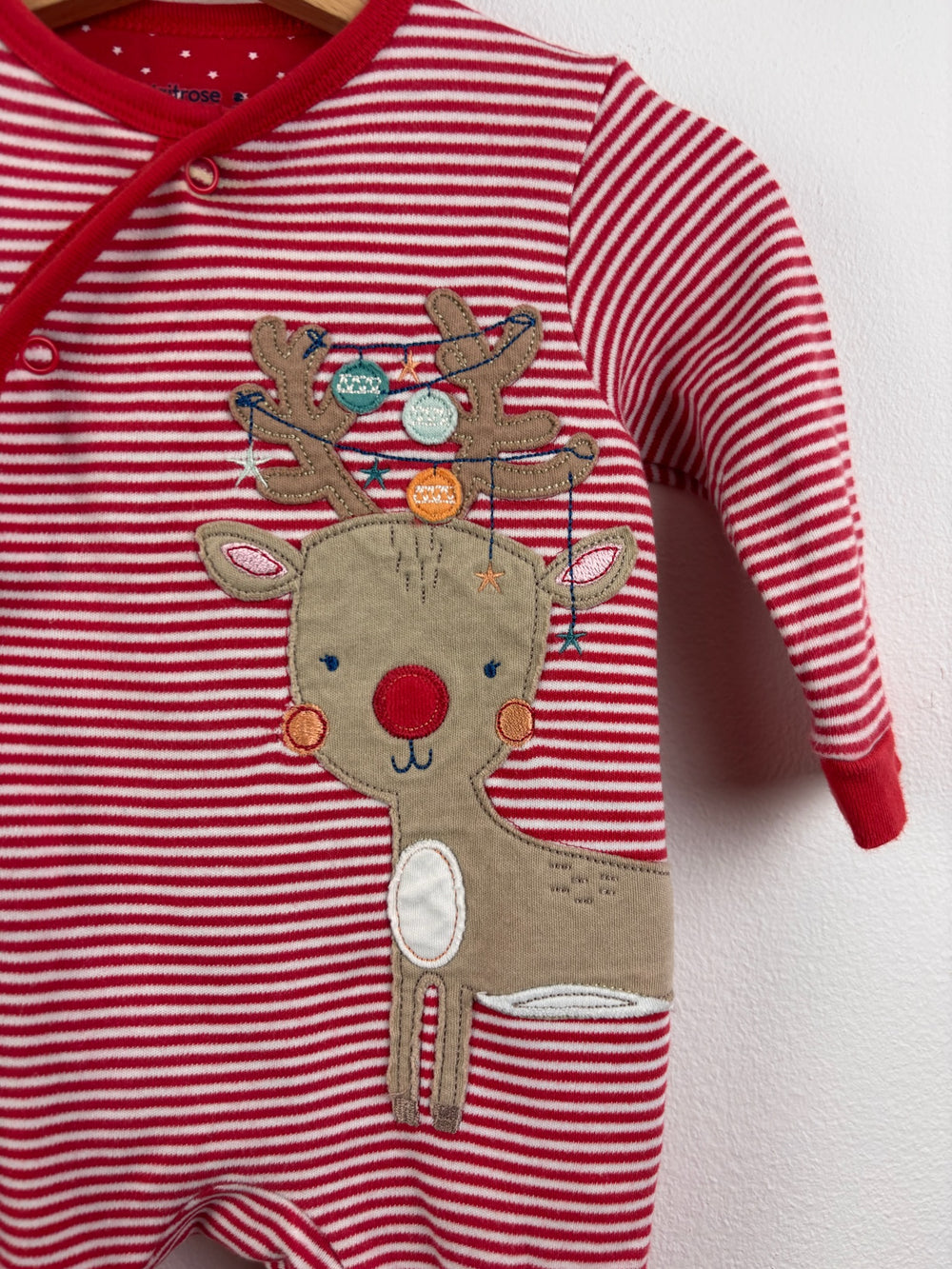 Waitrose Red Striped Reindeer Christmas Sleepsuit 3-6 Months-Sleepsuits-Second Snuggle Preloved