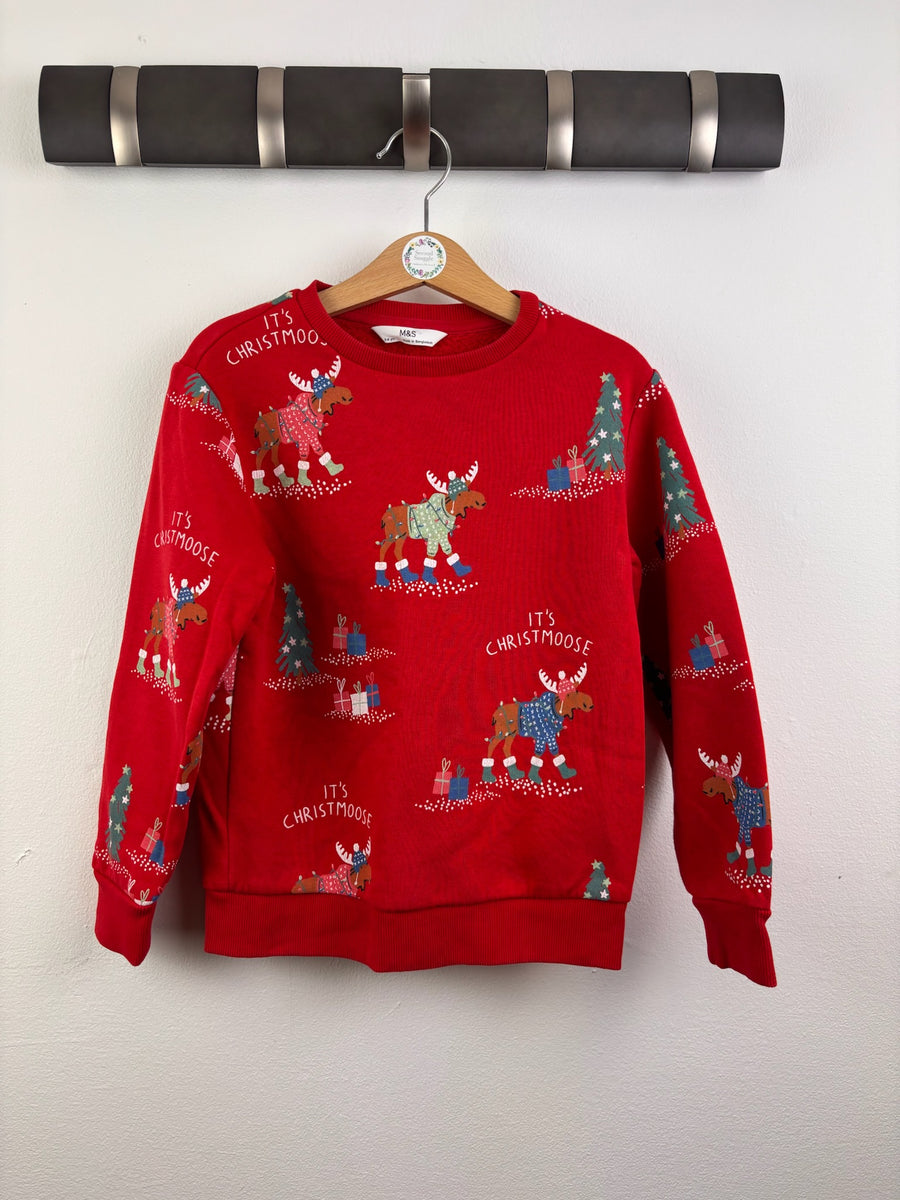 M&S Red Christmoose Christmas Sweatshirt 5-6 Years-Jumpers-Second Snuggle Preloved