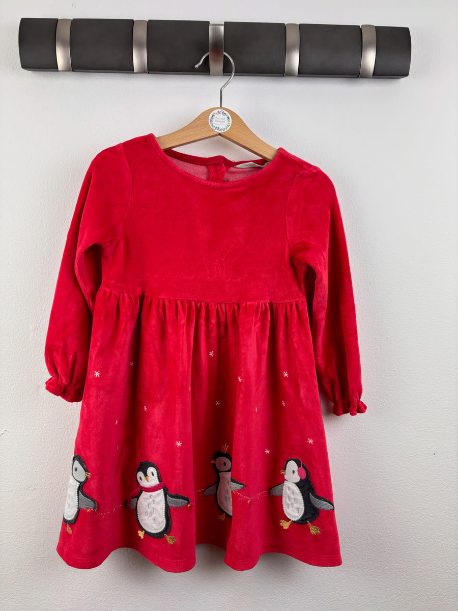 John Lewis Red Velour Penguin Christmas Dress 2-3 Years-Dresses-Second Snuggle Preloved