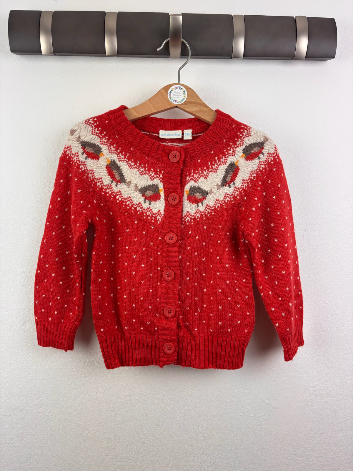 JoJo Maman Bébé Red Robin Christmas Cardigan 18-24 Months-Cardigans-Second Snuggle Preloved