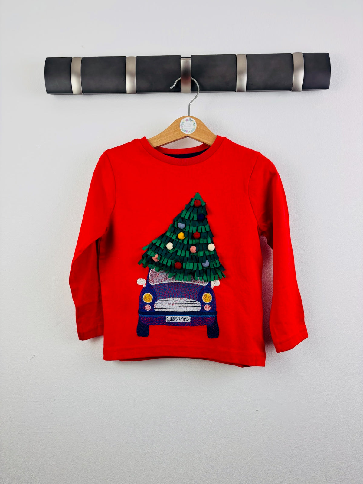 Boden Red Christmas Car & Tree Appliqué Long Sleeve Top-Tops-Second Snuggle Preloved