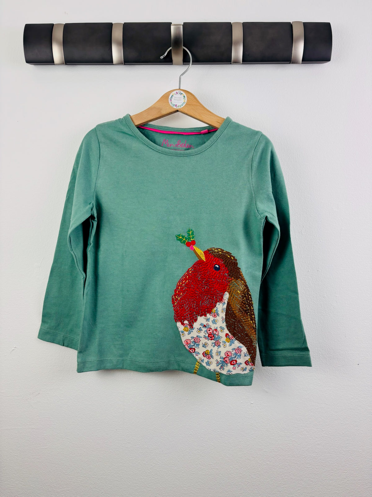 Boden Green Christmas Robin Appliqué Long Sleeve Top 2-3 Years-Tops-Second Snuggle Preloved