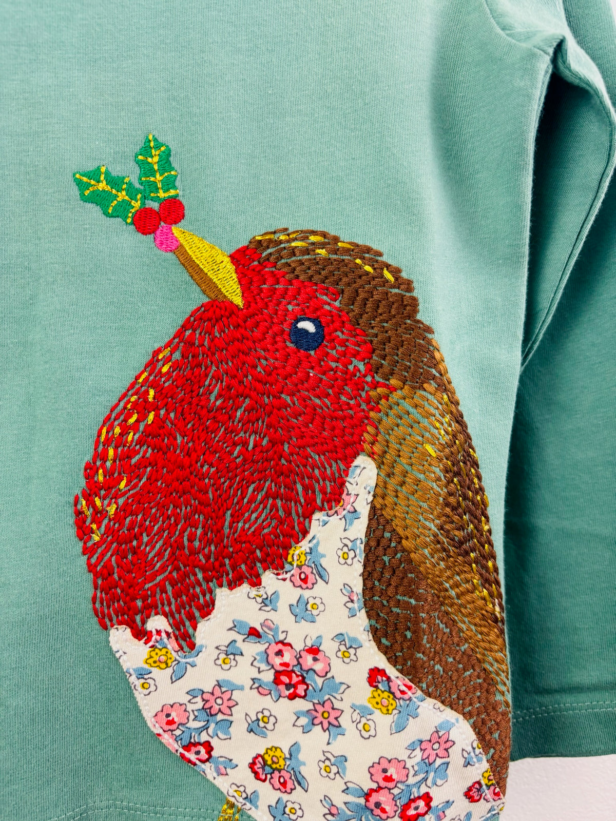 Boden Green Christmas Robin Appliqué Long Sleeve Top 2-3 Years-Tops-Second Snuggle Preloved