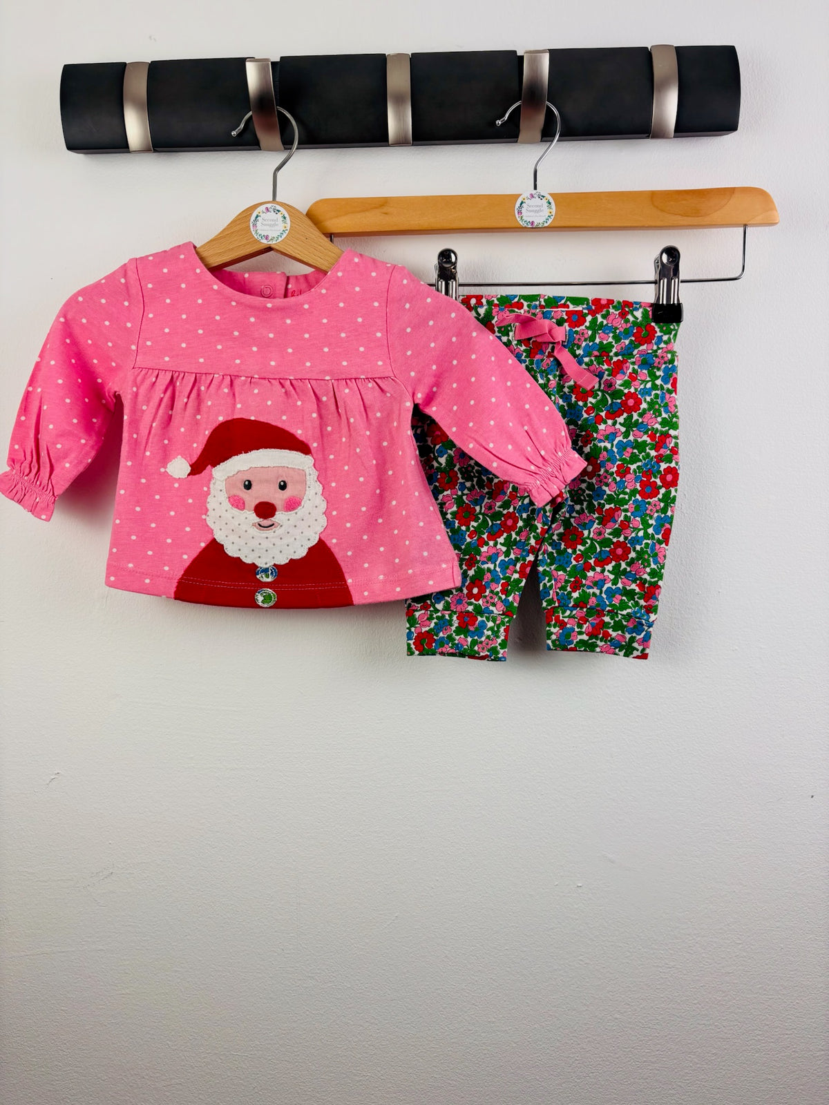 Boden Pink Santa Christmas Top & Floral Leggings Set 0-3 Months-Sets-Second Snuggle Preloved