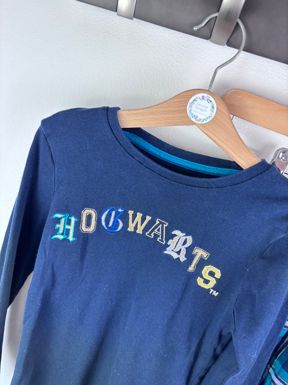 M&S Navy Pyjama Set Hogwarts Check 7-8 Years-Night Wear-Second Snuggle Preloved