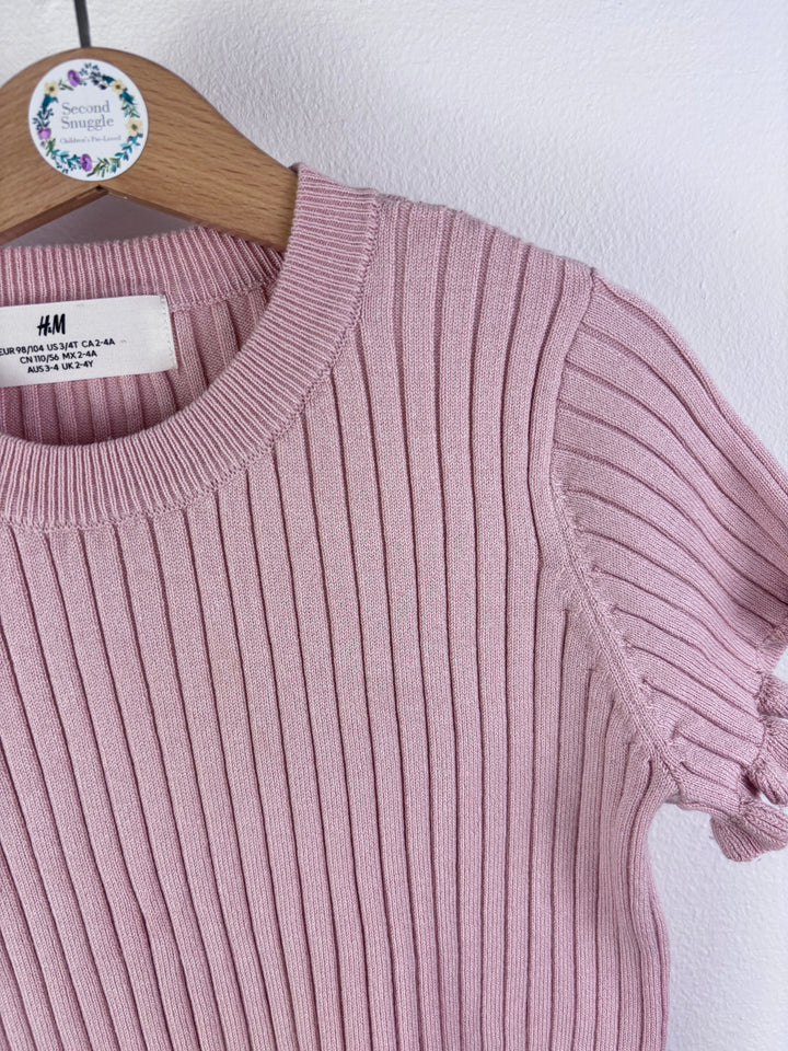 H&M Pink Ribbed Frill Sleeve Top 2-4 Years-Tops-Second Snuggle Preloved