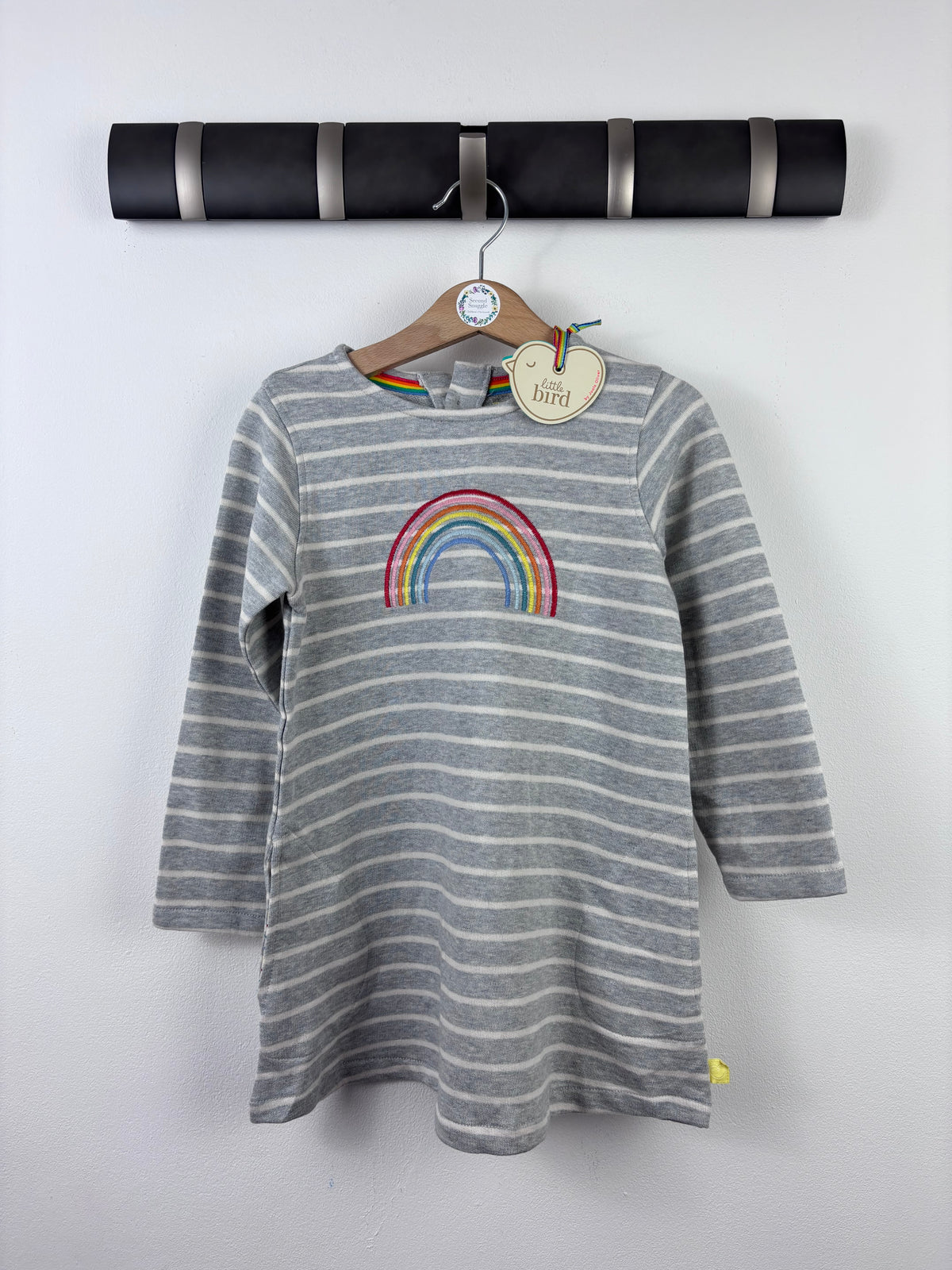 Little Bird Grey Stripe Rainbow Long Sleeve Dress-Dresses-Second Snuggle Preloved