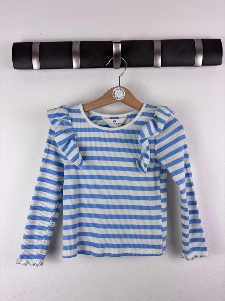 H&M Blue White Striped Ribbed Frill Top 2-4 Years-Tops-Second Snuggle Preloved