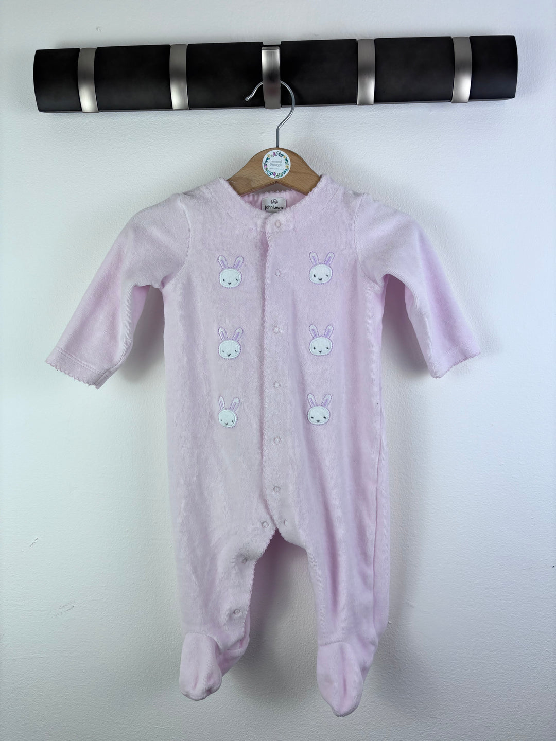 John Lewis Pink Bunny Velour Babygrow 3-6 Months-Sleepsuits-Second Snuggle Preloved