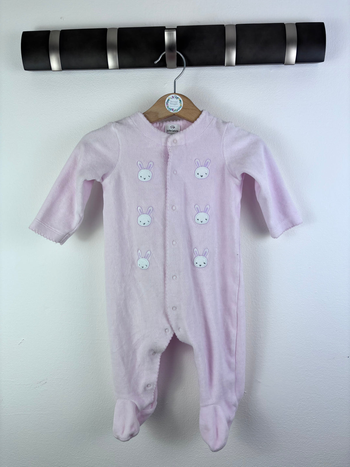 John Lewis Pink Bunny Velour Babygrow 3-6 Months-Sleepsuits-Second Snuggle Preloved