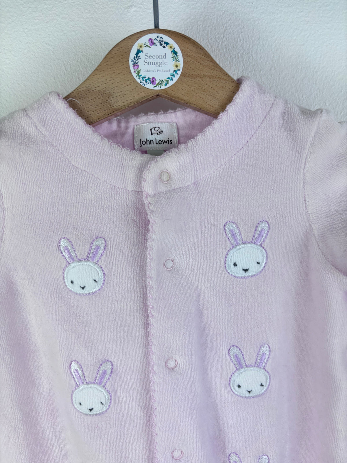 John Lewis Pink Bunny Velour Babygrow 3-6 Months-Sleepsuits-Second Snuggle Preloved