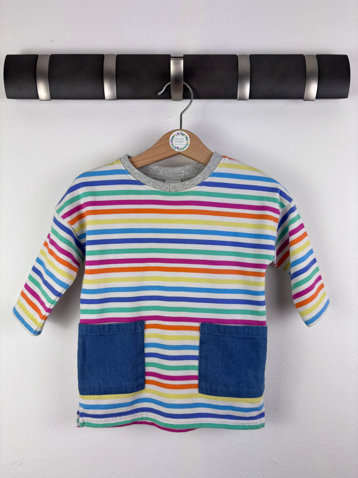 Next Rainbow Stripe Dress with Denim Pockets 6-9 Months-Dresses-Second Snuggle Preloved