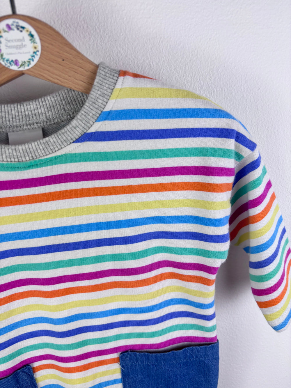 Next Rainbow Stripe Dress with Denim Pockets 6-9 Months-Dresses-Second Snuggle Preloved