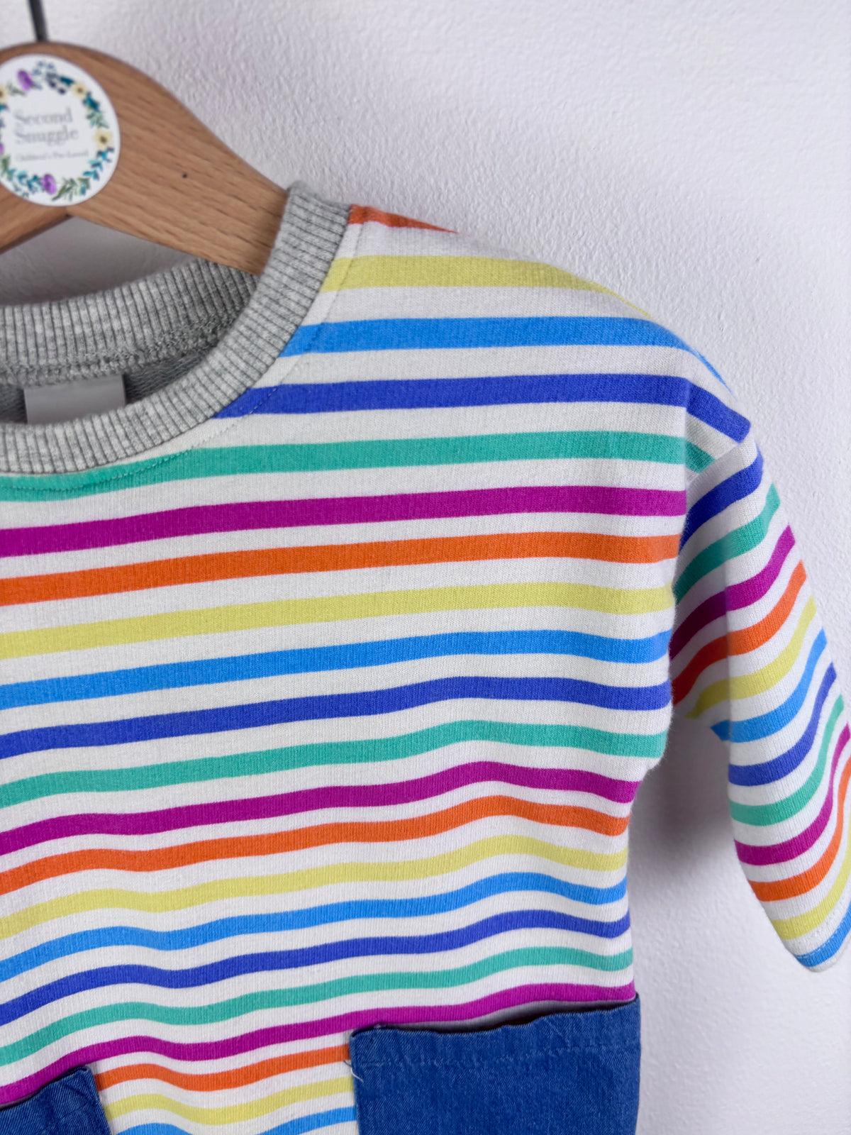Next Rainbow Stripe Dress with Denim Pockets 6-9 Months-Dresses-Second Snuggle Preloved