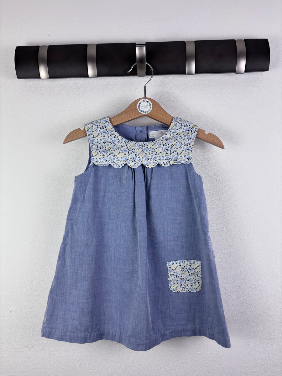 The Little White Company Blue Chambray Dress Floral Collar 12-18 Months-Dresses-Second Snuggle Preloved