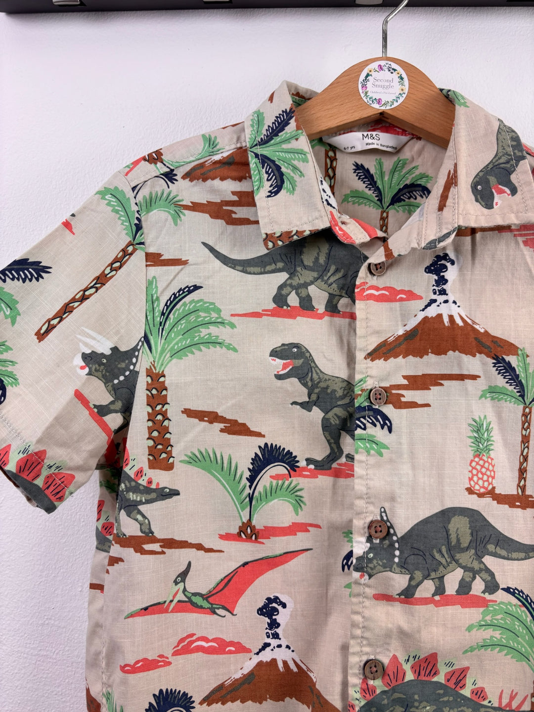 M&S Beige Dinosaur Print Shirt 6-7 Years