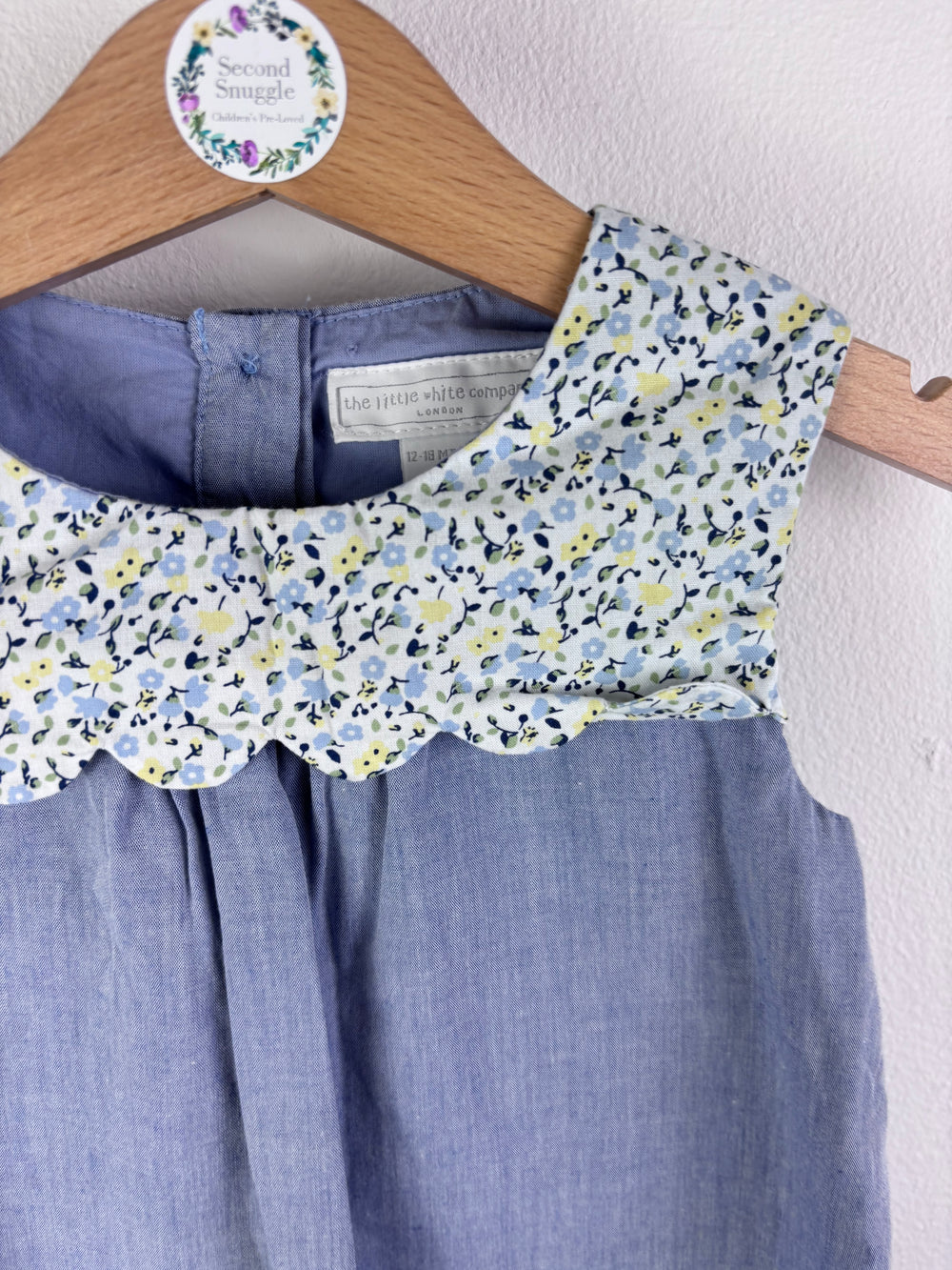 The Little White Company Blue Chambray Dress Floral Collar 12-18 Months-Dresses-Second Snuggle Preloved