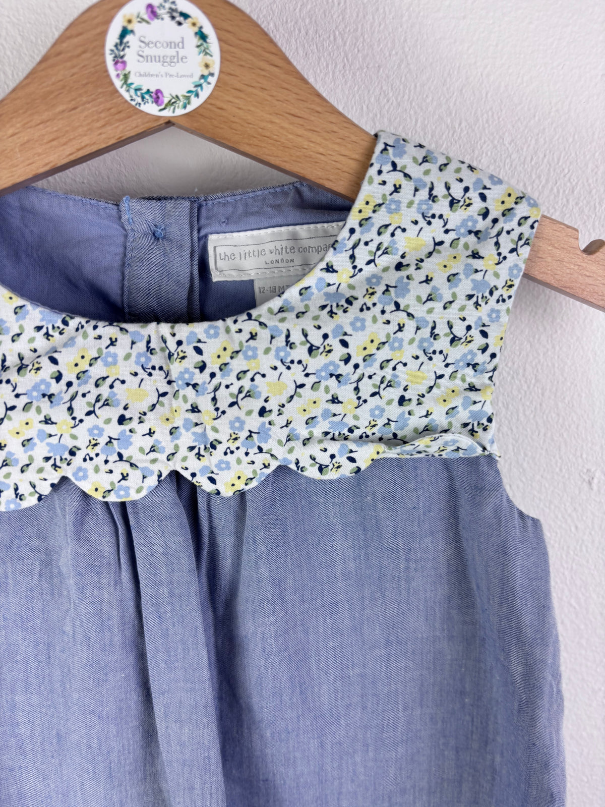 The Little White Company Blue Chambray Dress Floral Collar 12-18 Months-Dresses-Second Snuggle Preloved