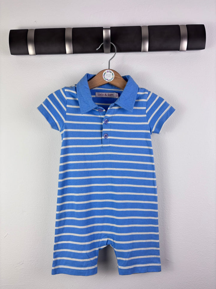 Lucy & Sam Blue Stripe Polo Romper 6-9 Months-Rompers-Second Snuggle Preloved
