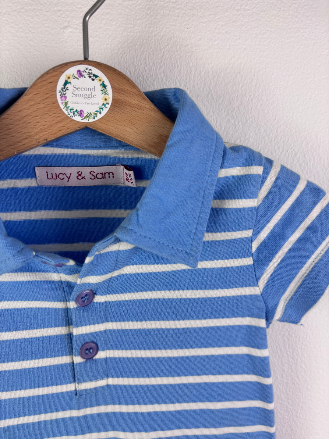 Lucy & Sam Blue Stripe Polo Romper 6-9 Months-Rompers-Second Snuggle Preloved