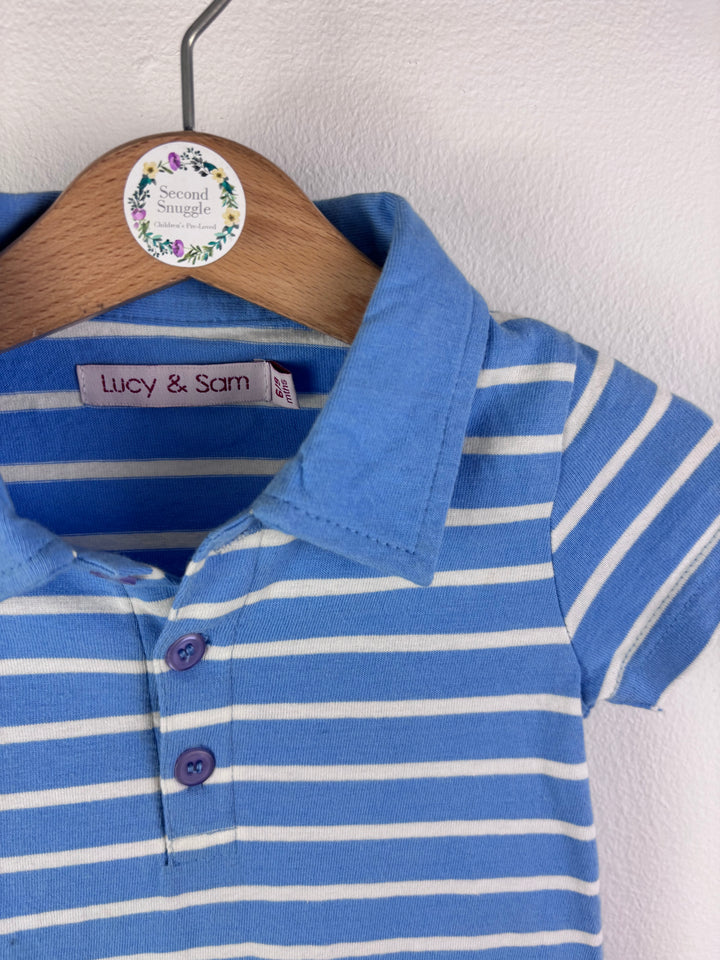 Lucy & Sam Blue Stripe Polo Romper 6-9 Months-Rompers-Second Snuggle Preloved