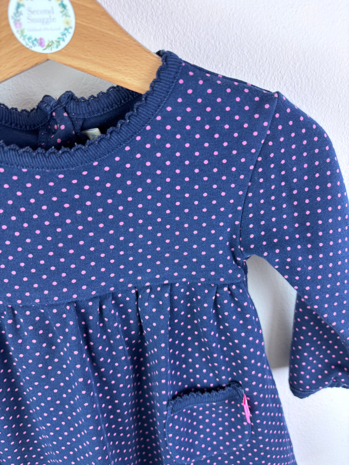 JoJo Maman Bebe Navy Pink Spot Dress 6-12 Months-Dresses-Second Snuggle Preloved