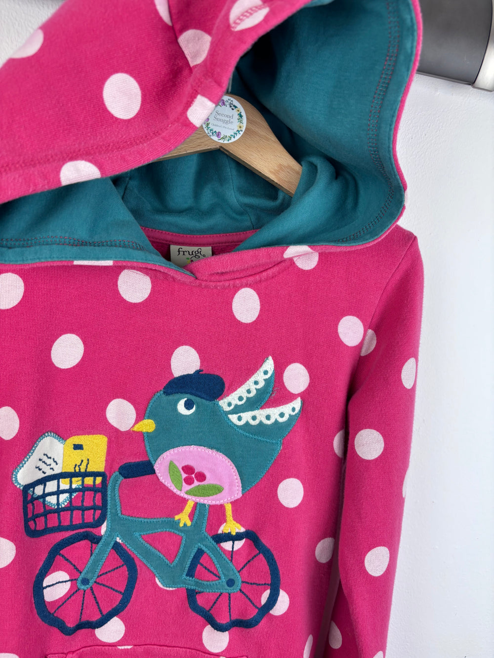 Frugi Pink Polka Dot Hoodie Dress With Bird Applique 6-7 Years-Dresses-Second Snuggle Preloved