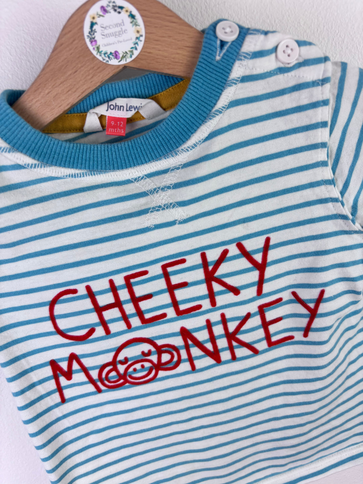 John Lewis Blue Stripe Cheeky Monkey Top 9-12 Months-Tops-Second Snuggle Preloved