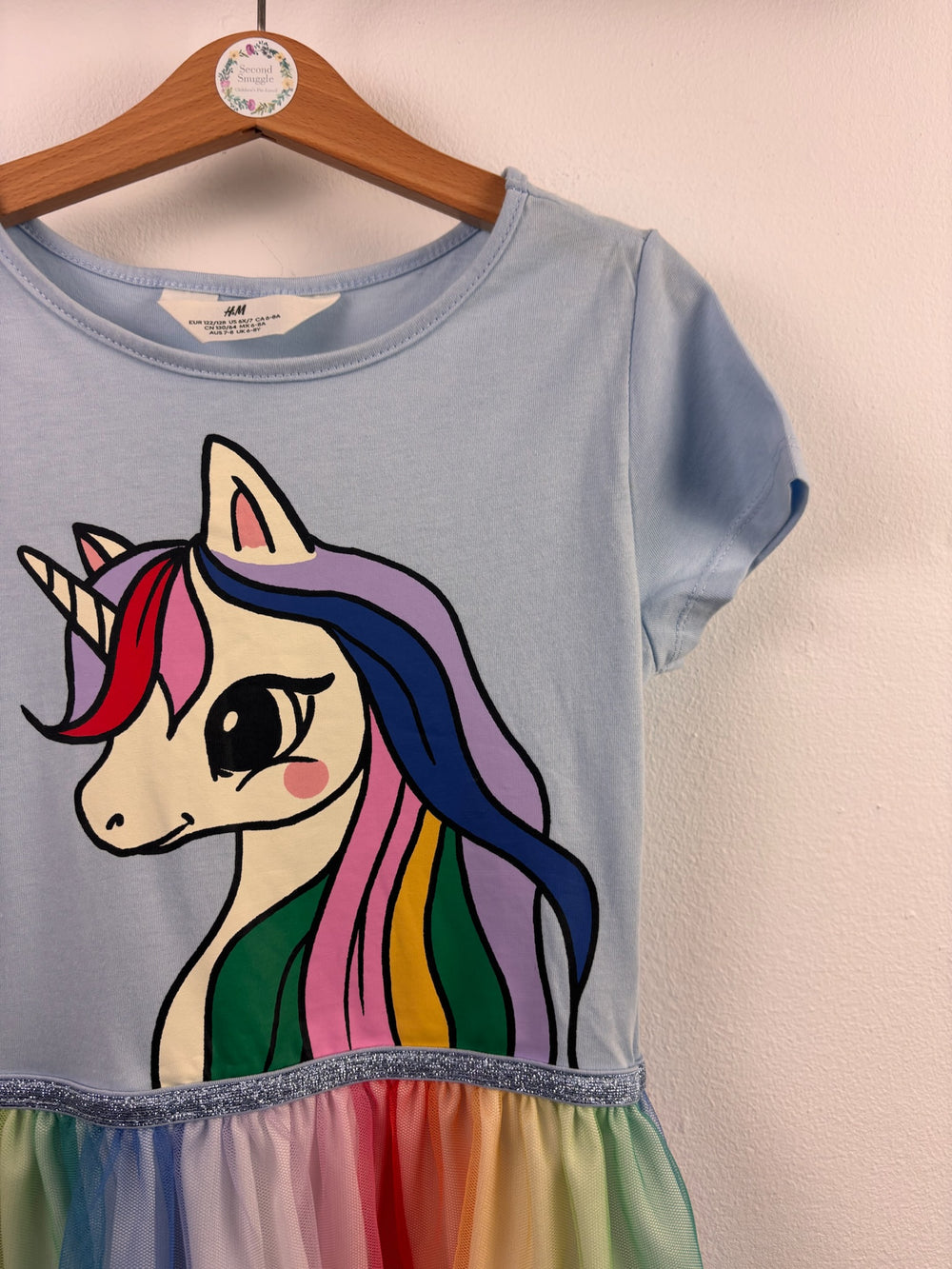 H&M Blue Unicorn Rainbow Tulle Dress 7-8 Years-Dresses-Second Snuggle Preloved