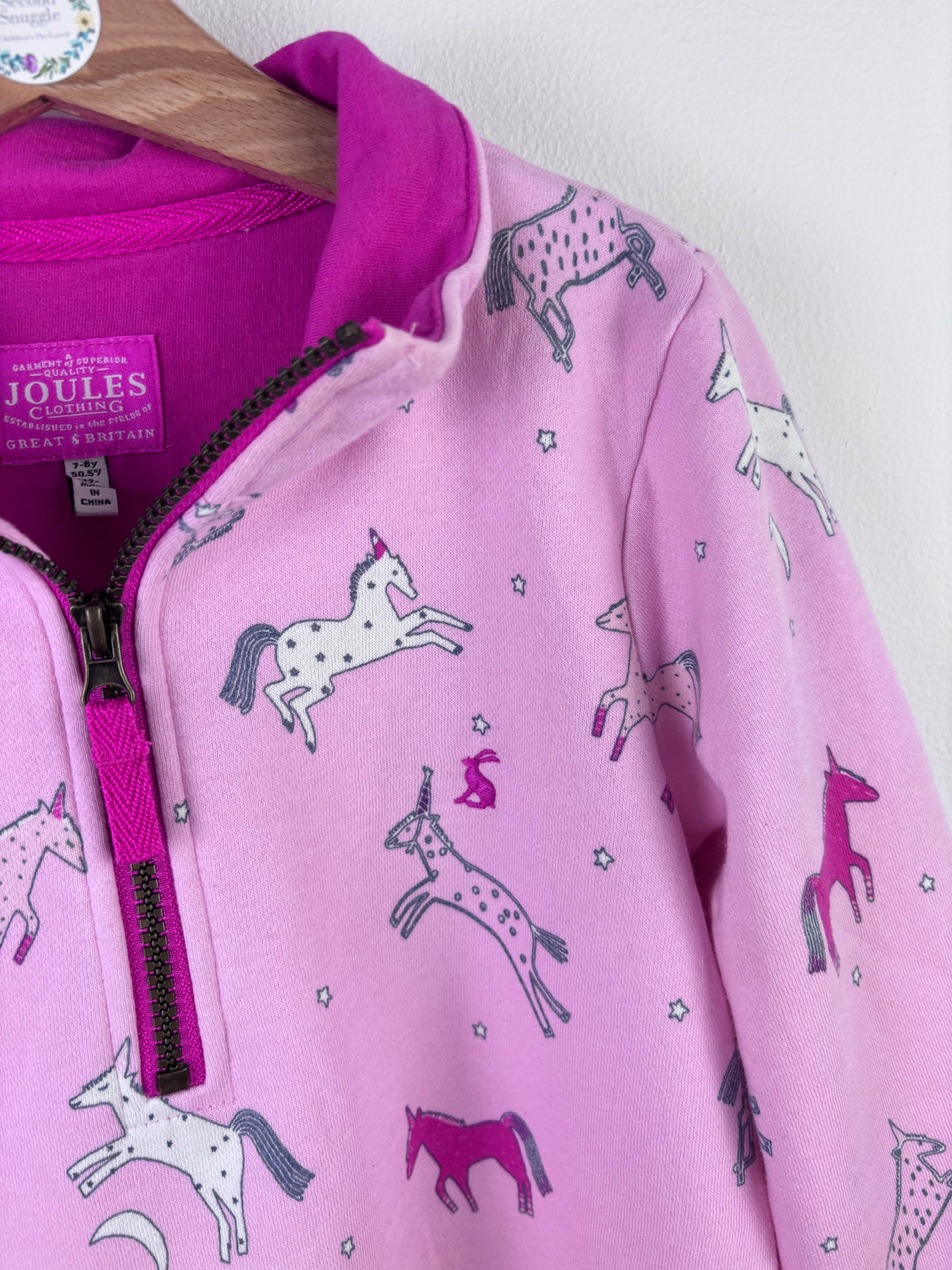 Joules Pink Unicorn Half Zip Sweatshirt 7-8 Years-Jumpers-Second Snuggle Preloved