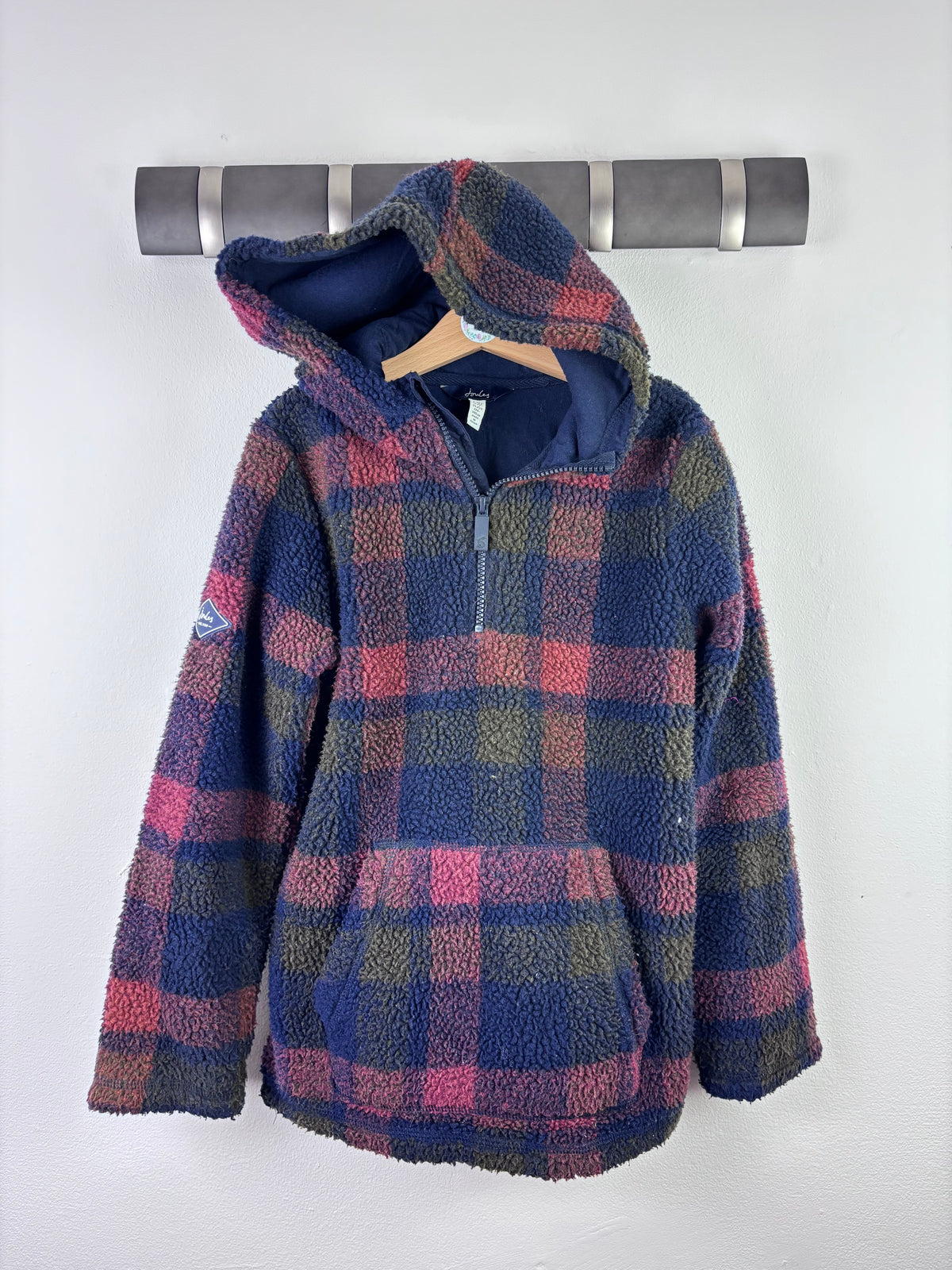 Joules Navy Check Borg Fleece Hoodie 9-10 Years-Jackets-Second Snuggle Preloved