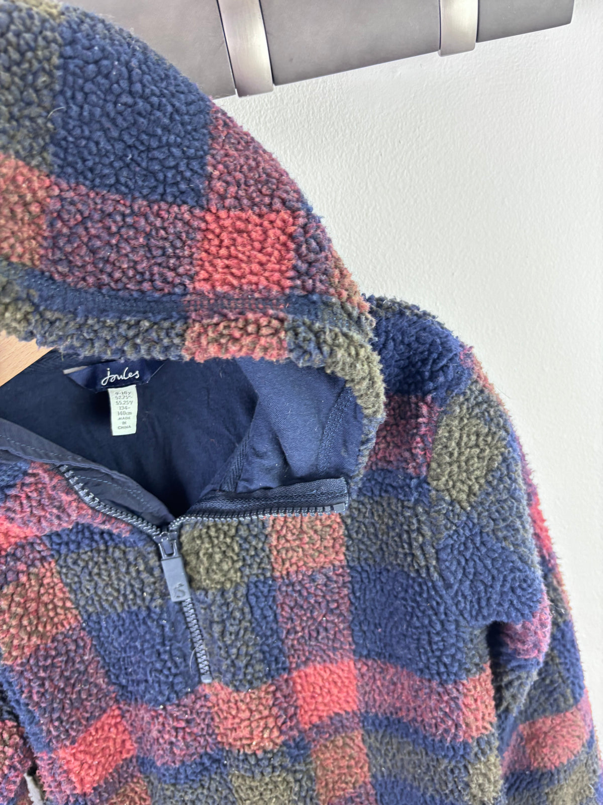 Joules Navy Check Borg Fleece Hoodie 9-10 Years-Jackets-Second Snuggle Preloved