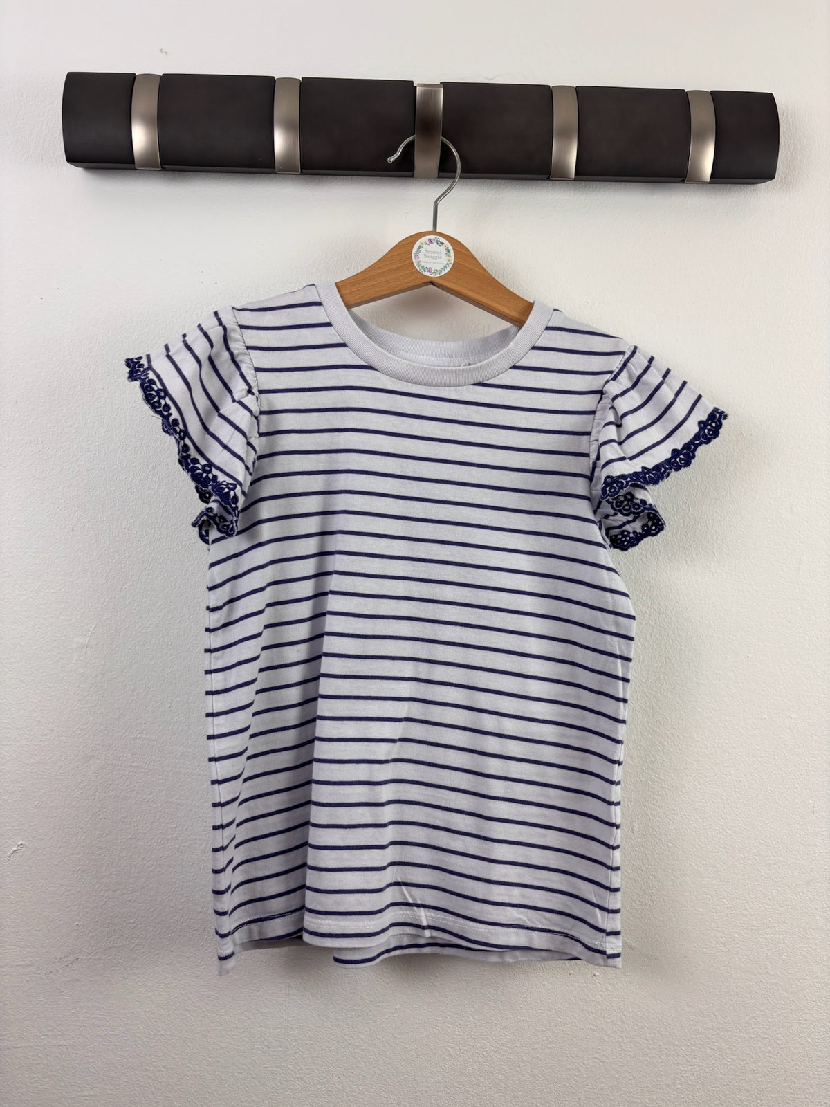 Next White Navy Stripe Ruffle T-Shirt 6-7 Years-Tops-Second Snuggle Preloved