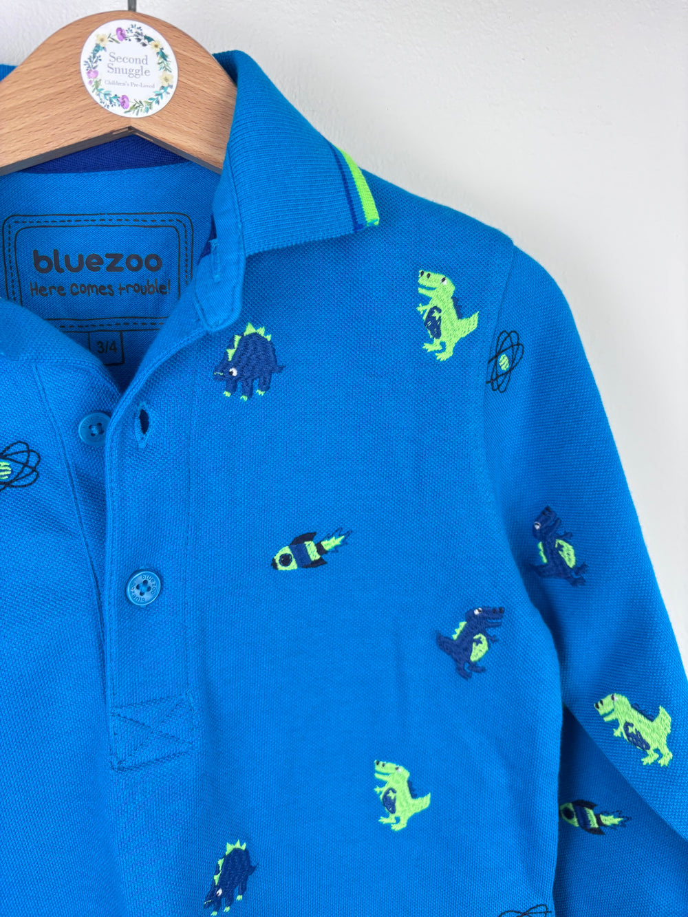 Blue Zoo Blue Long Sleeve Polo Shirt with Dinosaur Print 3-4 Years-Tops-Second Snuggle Preloved