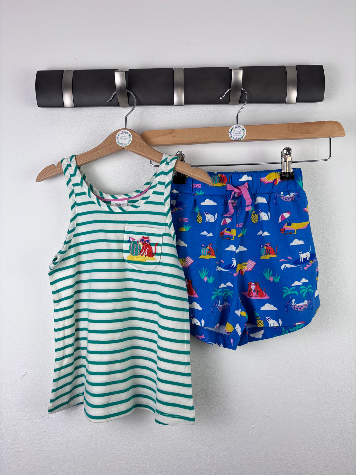 Boden Green Stripe Vest and Beach Print Shorts Set-Night Wear-Second Snuggle Preloved