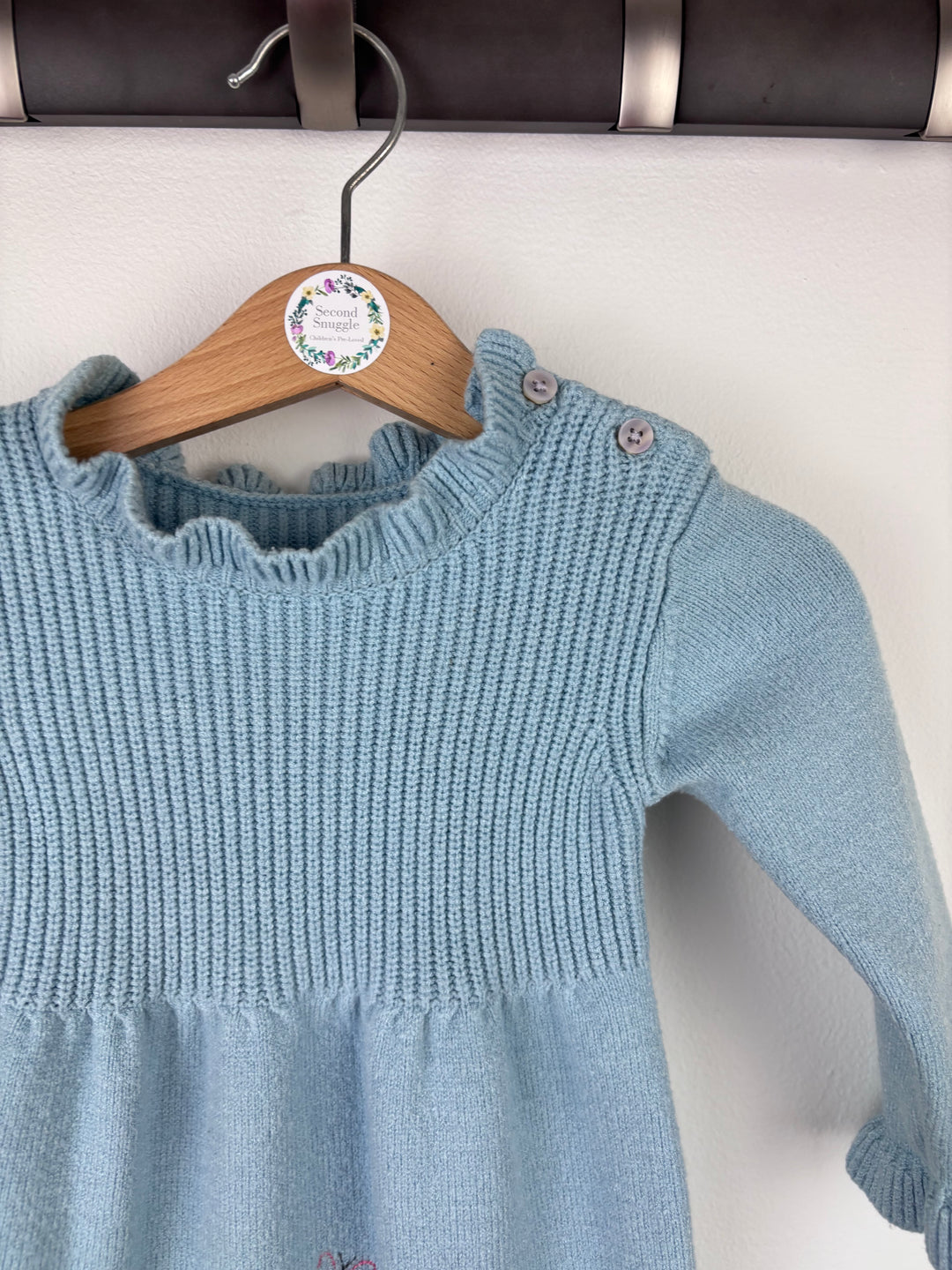 Nutmeg Blue Knitted Dress with Bunny Design 9-12 Months-Dresses-Second Snuggle Preloved