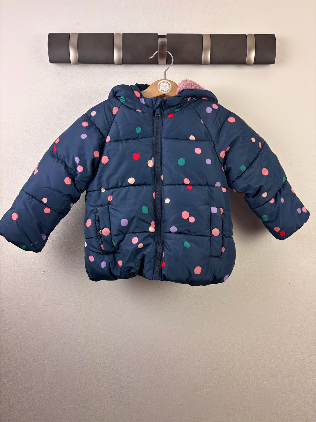 M&S Navy Colourful Spot Padded Hooded Coat 1-2 Years