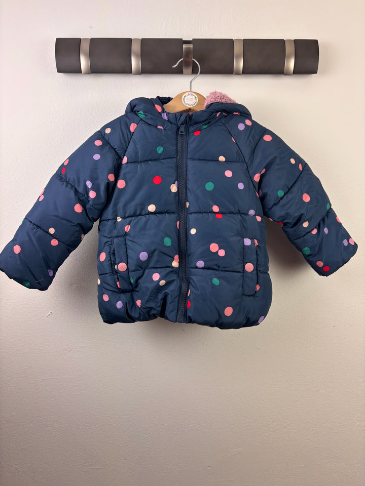 M&S Navy Colourful Spot Padded Hooded Coat 1-2 Years