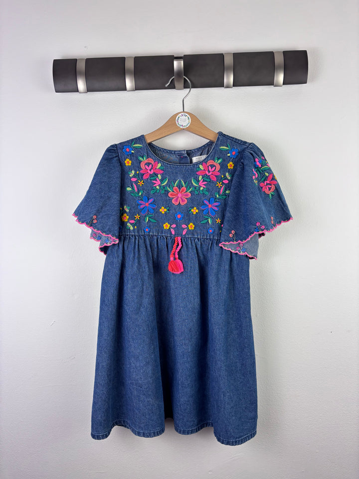 Next Denim Floral Embroidered Dress 5-6 Years-Dresses-Second Snuggle Preloved