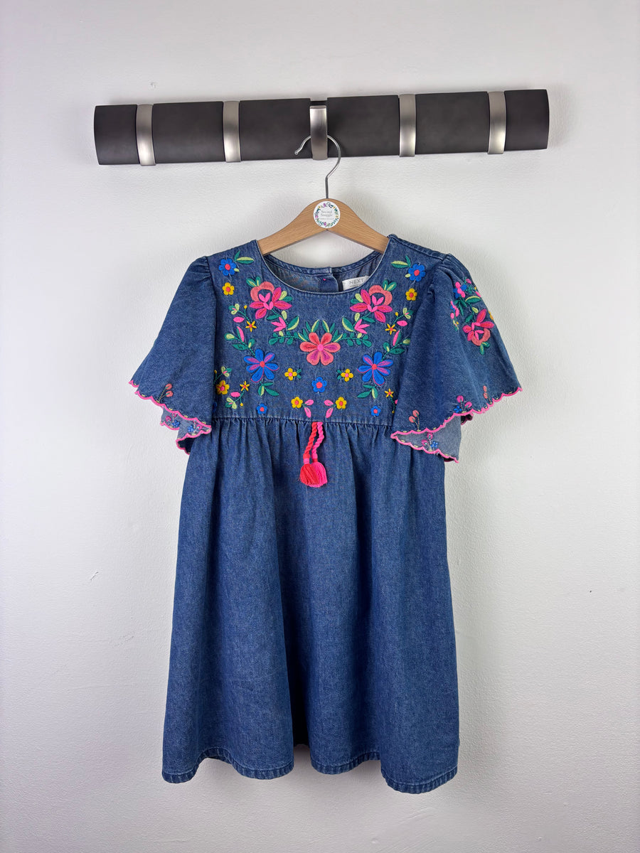 Next Denim Floral Embroidered Dress 5-6 Years-Dresses-Second Snuggle Preloved